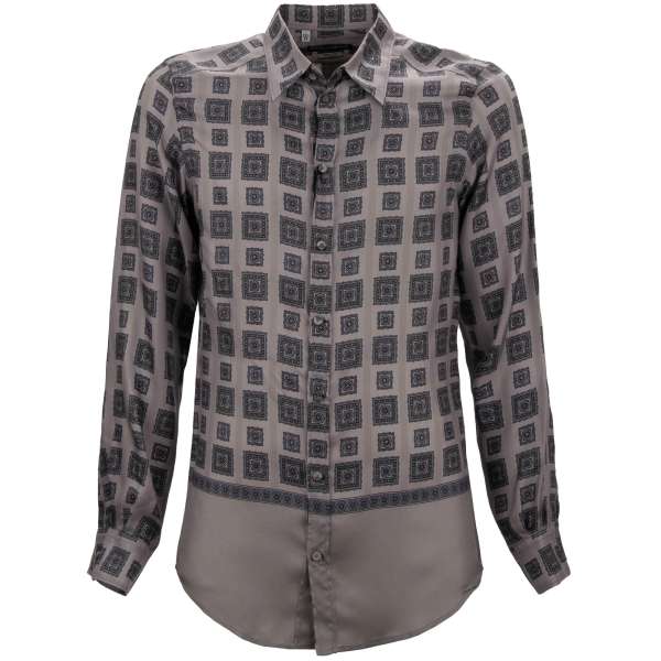 Slim Fit silk shirt with geometric pattern in gray by DOLCE & GABBANA  - GOLD Line 