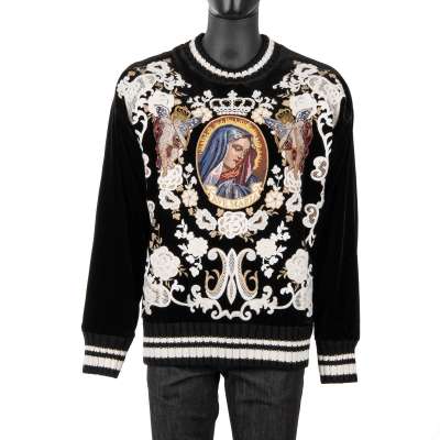 Samt Pullover mit Engel und Santa Maria Stickerei Schwarz Weiß