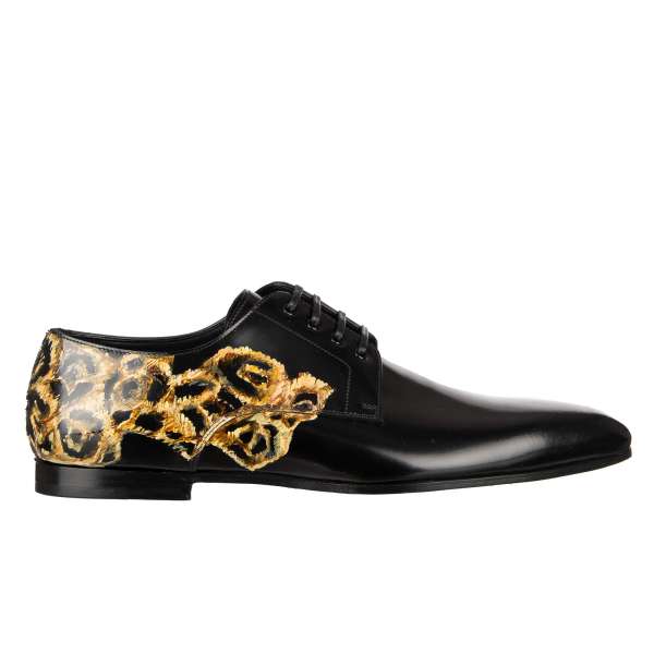 Formal pointed derby shoes JAMES BOND made of leather with hand painted leopard by DOLCE & GABBANA