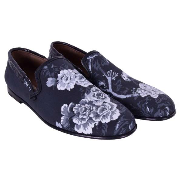 Canvas and crocodile leather loafer AMALFI with roses print by DOLCE & GABBANA Black Label