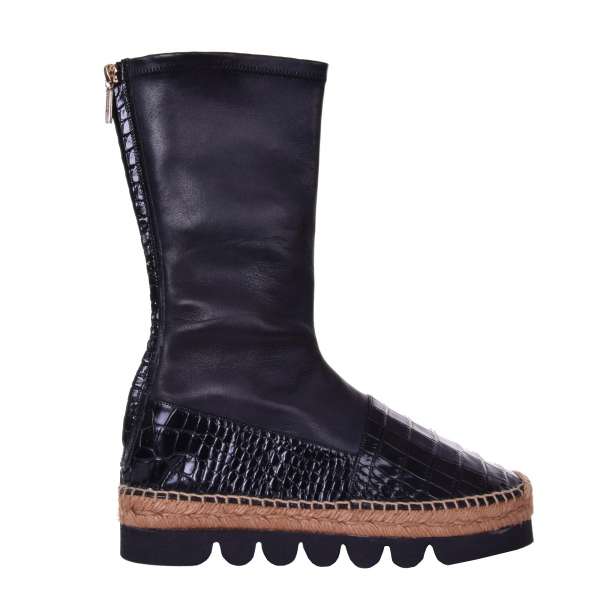 Plateau Espadrilles Boots made of nappa leather and croco stamped leather with zip fastening by DOLCE & GABBANA Black Label