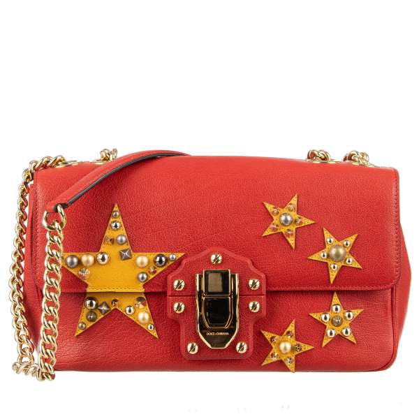 Buffalo leather shoulder bag LUCIA with China Flag, studs and gold chain strap by DOLCE & GABBANA