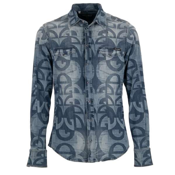 Jeans / Denim shirt with DG Logo pattern and two front pockets in blue by DOLCE & GABBANA