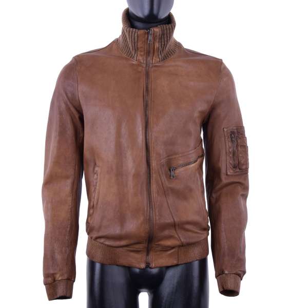 Individually washed lamb leather jacket with knit collar by DOLCE & GABBANA Black Line