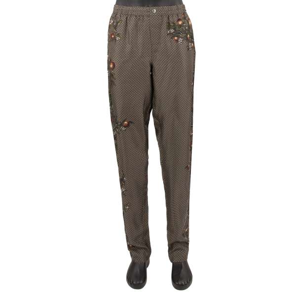 Silk Pyjama Pants with oranges, lemons and parrots print with pocket in black by DOLCE & GABBANA