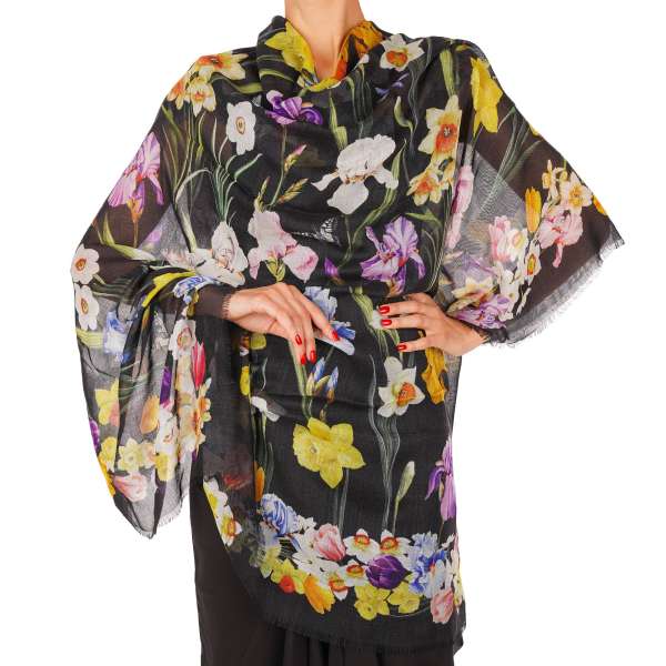 Large daffodil, iris, butterfly and logo printed cashmere and silk blend Scarf / Foulard in black, yellow, blue, pink and purple by DOLCE & GABBANA