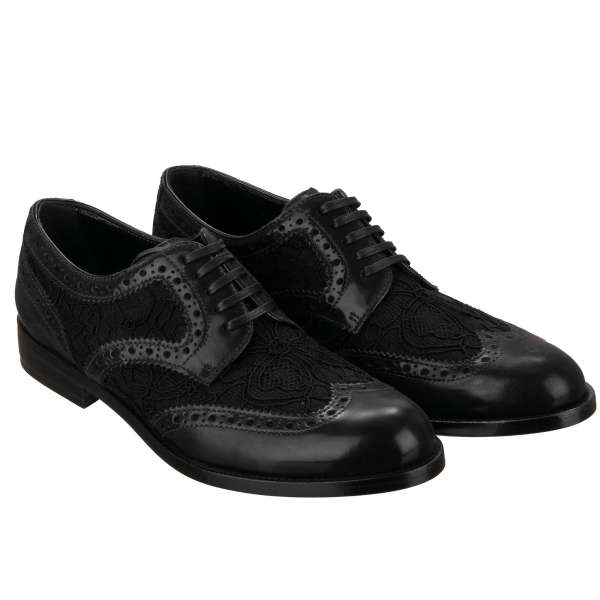 Lace-up wingtip women derby shoes BOY made of leather and Taormina lace with floral designs by DOLCE & GABBANA 