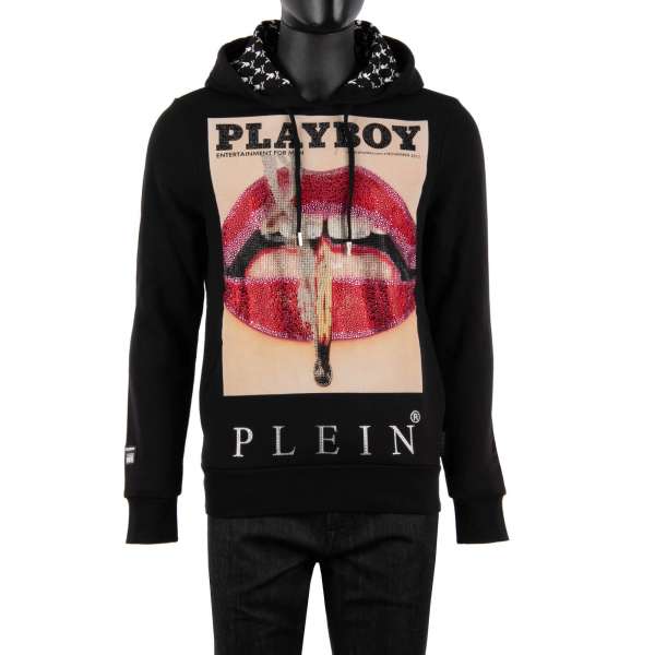 Hoody with a crystals graphic print of a magazine cover of of Lauren Young's lips at the front and crystals embellished 'Playboy Plein' lettering printed at the back by PHILIPP PLEIN x PLAYBOY