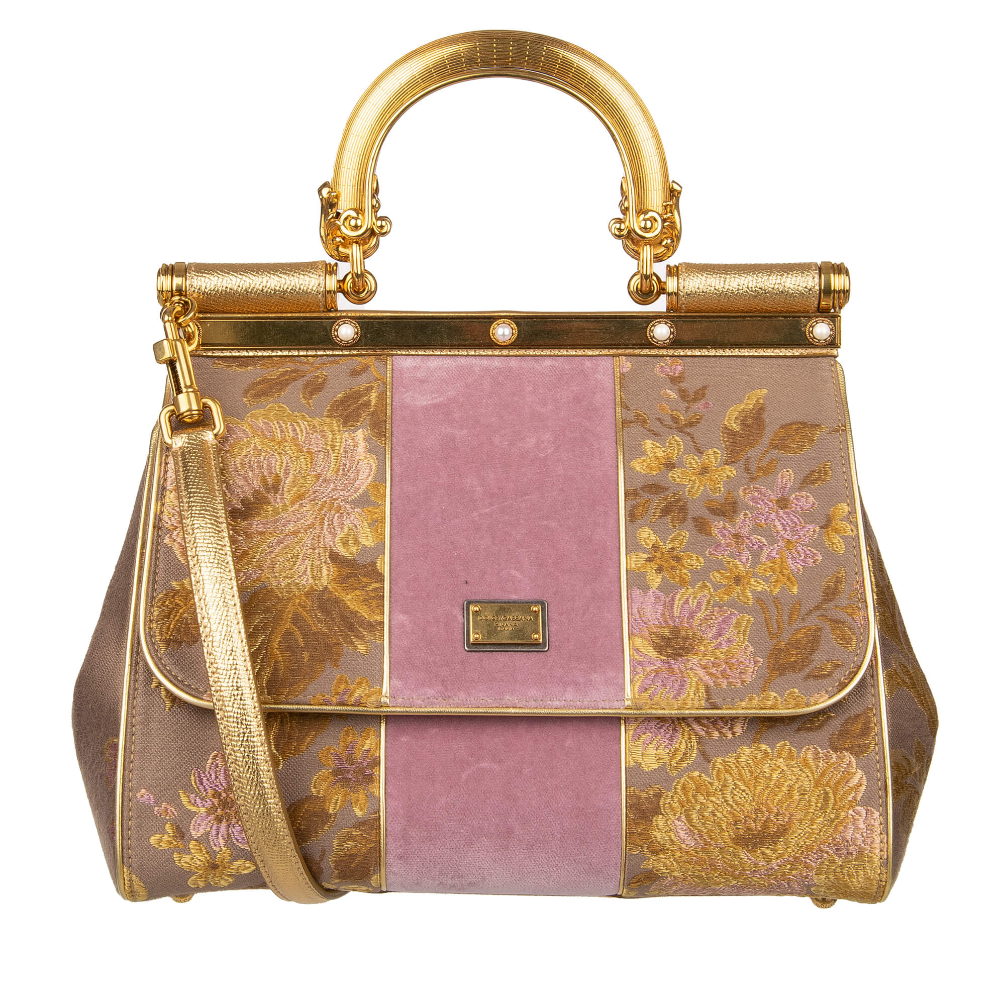 Dolce & Gabbana Floral Baroque Velvet Tote Bag SICILY with Metal Handle Gold Pink | FASHION ROOMS Dolce & Gabbana Floral Baroque Velvet Tote Bag SICILY with Metal Handle Gold Pink | FASHION ROOMS