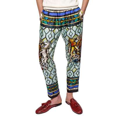 Royal Lion Crown Silk Pants Blue Green 50 M L