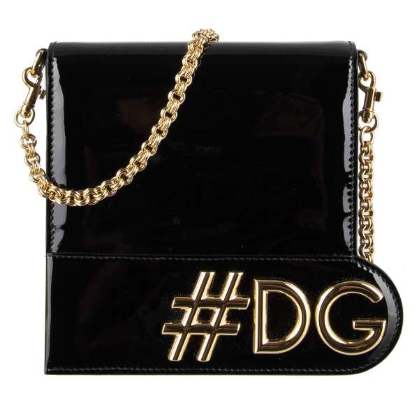 Patent Leather Clutch / Shoulder Bag DG GIRLS with a large golden #DG Hashtag and metal chain strap by DOLCE & GABBANA