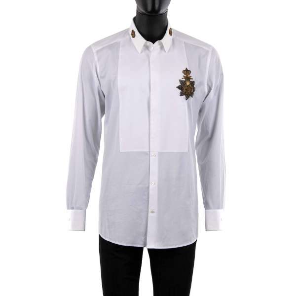 Tuxedo Shirt with short collar, hidden button closure, collar crown patches and embroidered medal with crown by DOLCE & GABBANA - GOLD Line