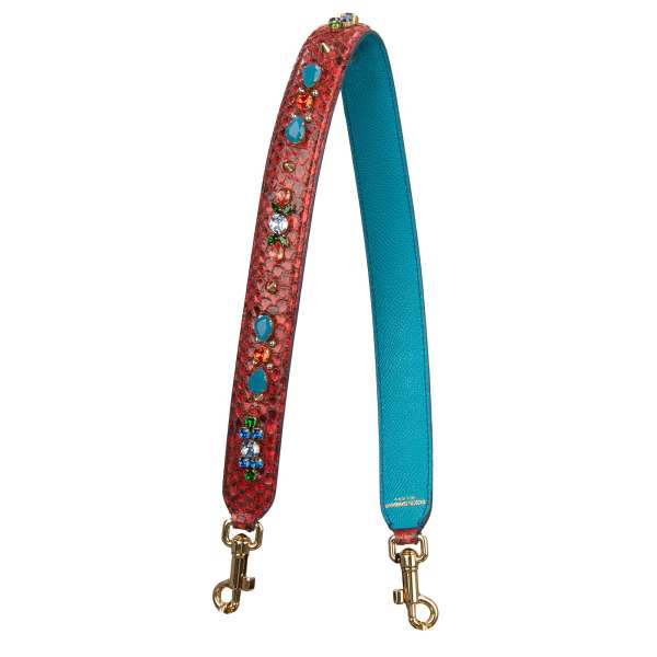 Dauphine and snake leather bag Strap / Handle with golden studs and crystal applications in red, blue and gold by DOLCE & GABBANA