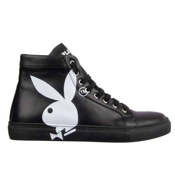 High-Top Sneaker SKULL PLAYBOY with large skull and bunny print, logo printed tongue and printed logo to the rear by PHILIPP PLEIN x PLAYBOY