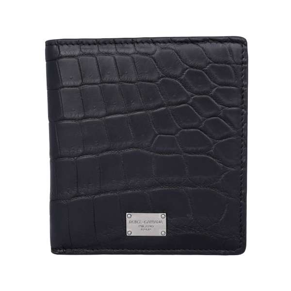 Crocodile leather cards wallet with DG metal logo plate in black by DOLCE & GABBANA