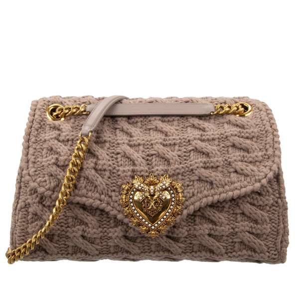 Knitted wool, crochet Crossbody Bag / Shoulder Bag DEVOTION Large with jeweled heart buckle with DG Logo and structured metal chain strap by DOLCE & GABBANA