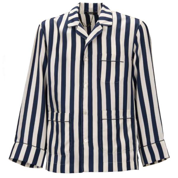 Silk shirt with striped print and front pocket in white and blue by DOLCE & GABBANA