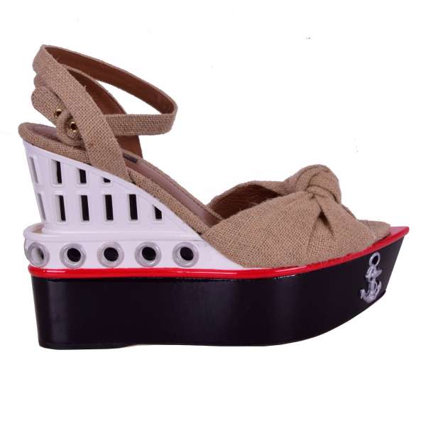 Linen Plateau Sandals / Wedges KEIRA with wooden ship platform, LED diode and anchor by DOLCE & GABBANA Black Label
