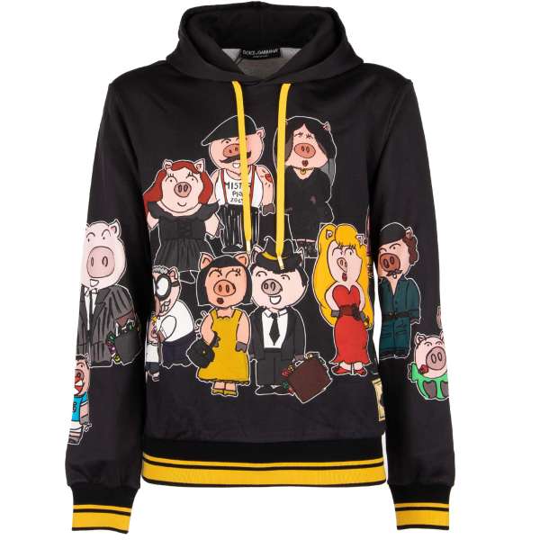 Hooded Sweater / sweatshirt with Pig Family Print in black by DOLCE & GABBANA