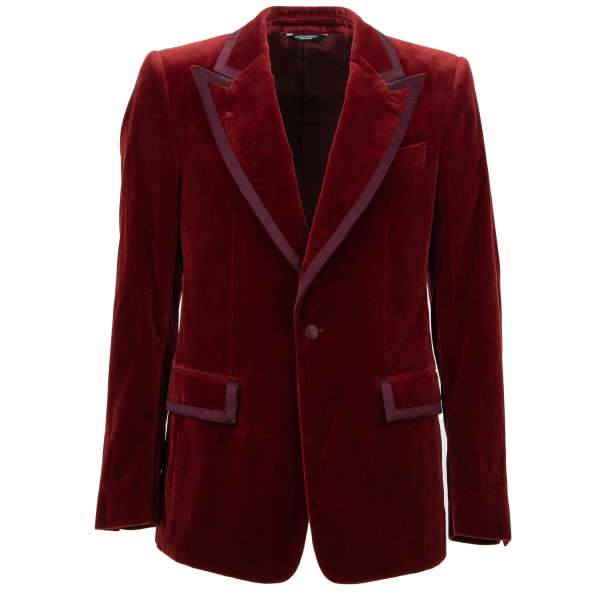 Vintage effect velvet blazer with peak lapel and pockets in red and bordeaux by DOLCE & GABBANA