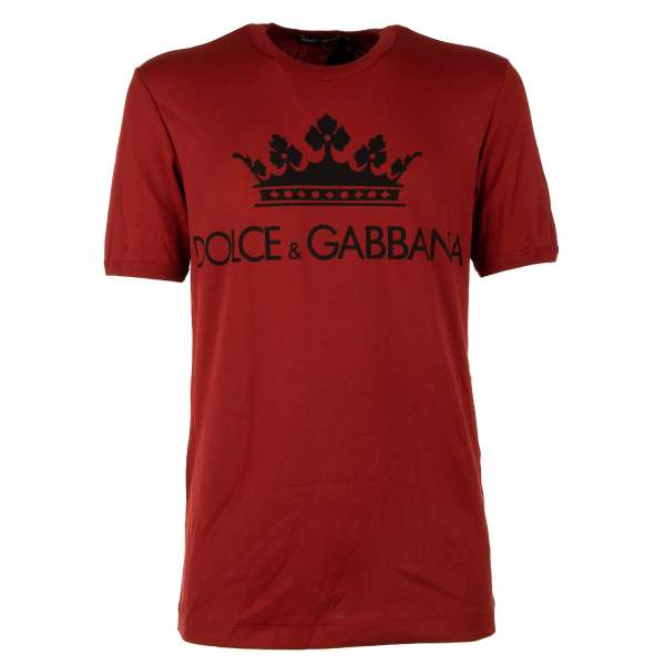 Cotton T-Shirt with Crown and Logo Print in black and red by DOLCE & GABBANA