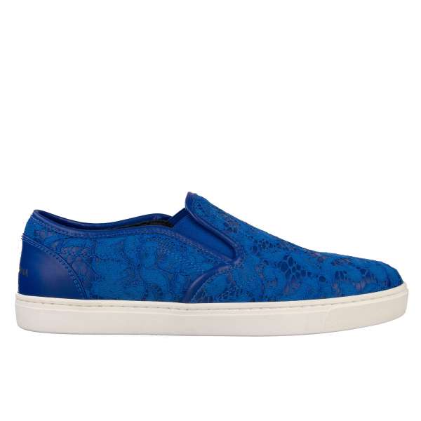 Elastische Slip-On Sneaker LONDON aus Spitze und Leder mit Logo Print von DOLCE & GABBANA