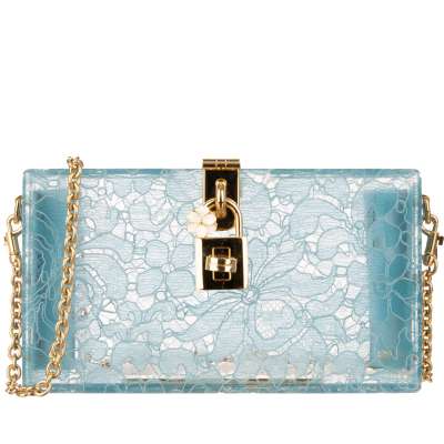 Plexiglass Clutch Bag DOLCE BOX Rainbow with Taormina Lace Aqua Blau