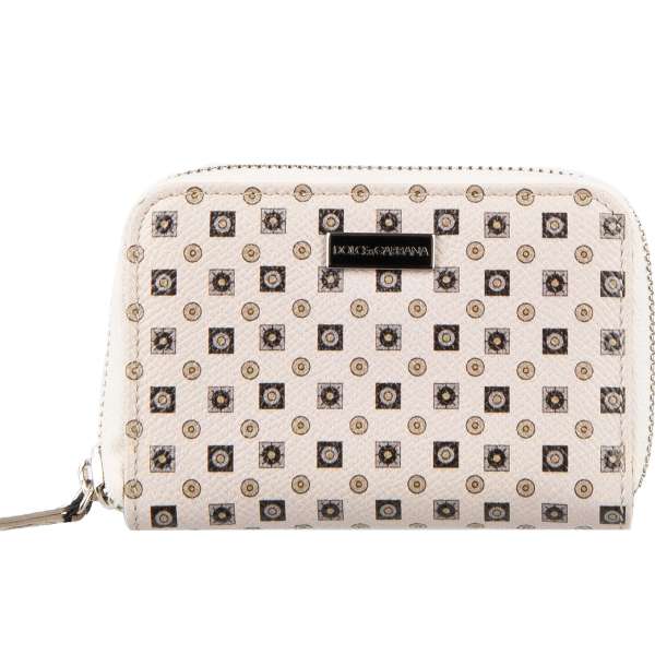 Tie printed dauphine leather zip around wallet with DG metal logo plate in beige by DOLCE & GABBANA