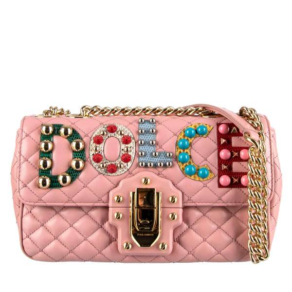Quilted nappa leather shoulder bag LUCIA with snake leather logo and heart applications, multicolor studs and gold chain strap by DOLCE & GABBANA