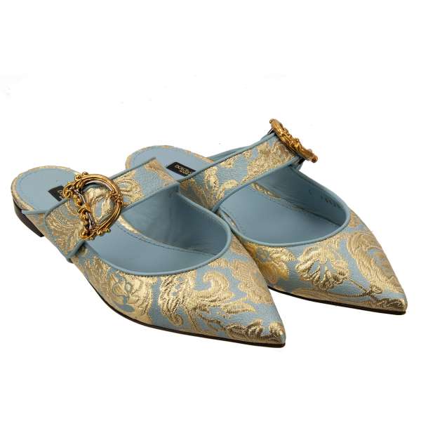 Mules Shoes BELLUCCI made of leather and jacquard with DG baroque logo in blue and gold by DOLCE & GABBANA