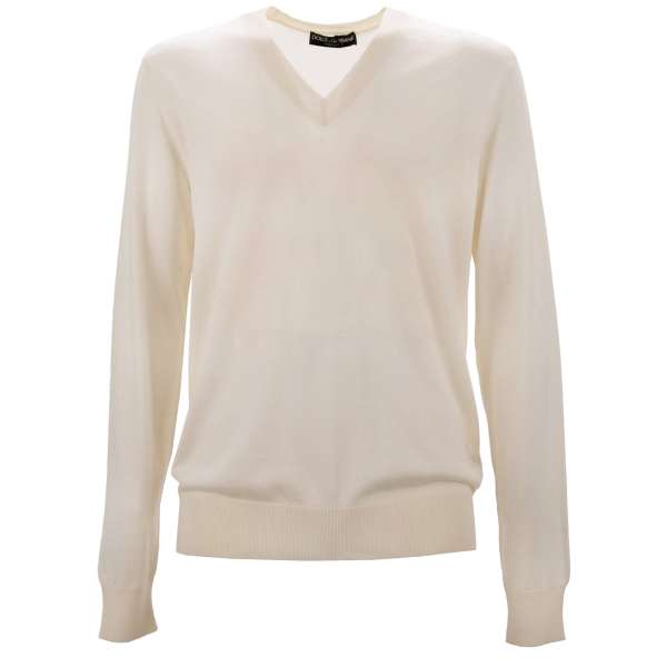 Ligh cashmere sweater with V-Neck cut and DG Logo embroidery in optical white by DOLCE & GABBANA