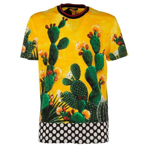 Cotton T-Shirt with Cactus, polka dot print and ripped details with stripes in yellow , green and black by DOLCE & GABBANA