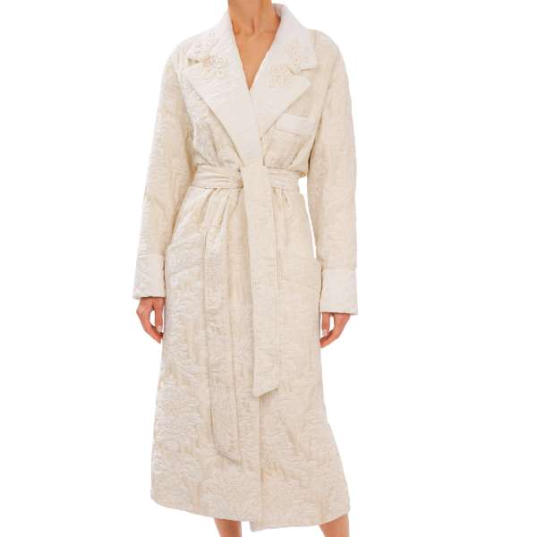Baroque Jacquard long Robe / Coat with belt, pockets and decorative embroidered elements in white by DOLCE & GABBANA