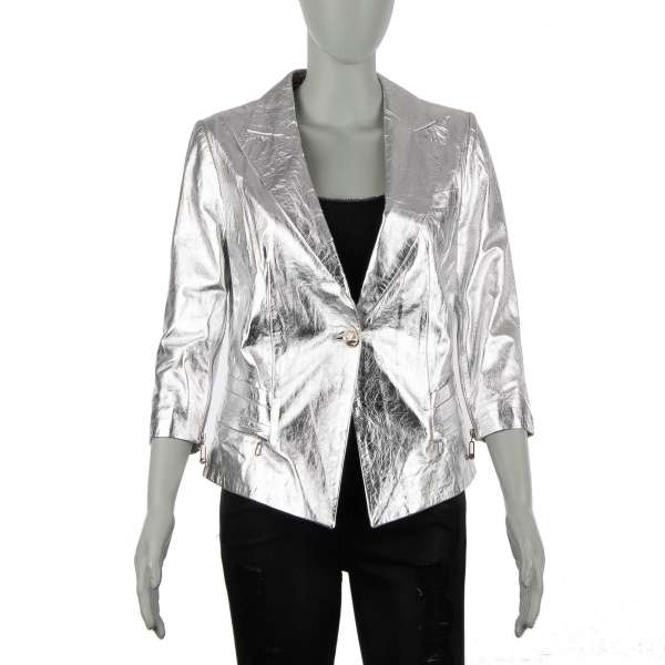 Leather Jacket ROSE DIAMOND with PP Logo on the back in metallic silver by PHILIPP PLEIN COUTURE