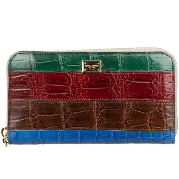 Striped Crocodile Leather Patchwork Zip-Around wallet with logo plate in red, green, brown and blue by DOLCE & GABBANA
