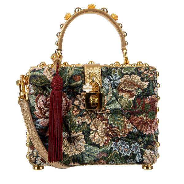Unique handmade baroque style clutch / shoulder bag / handbag DOLCE BOX made of laquered wood and canvas with detachable pendant, baroque elements, decorative padlock, studs and leather details by DOLCE & GABBANA