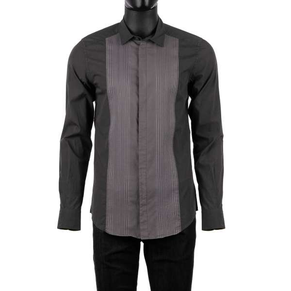 Tuxedo Shirt with placket, contrast color fabric, short collar in gray by DOLCE & GABBANA - SICILIA Line