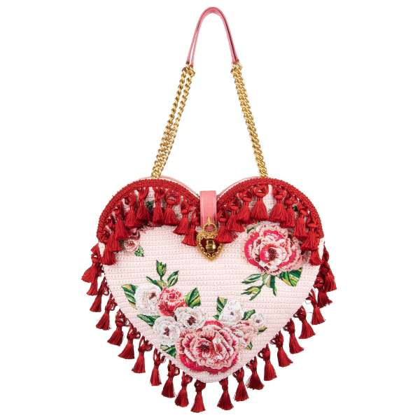 Unique large crochet shoulder bag MY HEART with tassels, floral embroidery and rhinestones, decorative heart padlock and double chain strap by DOLCE & GABBANA