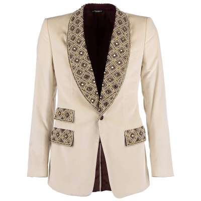 Velvet Tuxedo Blazer with Crystals, Pearls and Gold Embroidery White