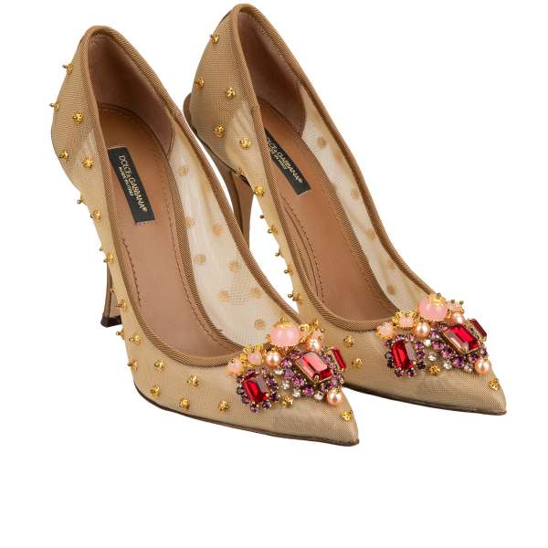 Pointed Plastic Lace Pumps LORI with scrystal and brass elements embroidery in beige, red, pink and gold by DOLCE & GABBANA