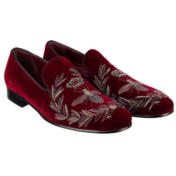 Velvet Loafer MILANO with Napoleon pearl crown, bee and leafs embroidery in red by DOLCE & GABBANA