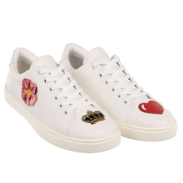 Leather Sneaker LONDON with Crown, Flower, Bee and Heart patches in white by DOLCE & GABBANA