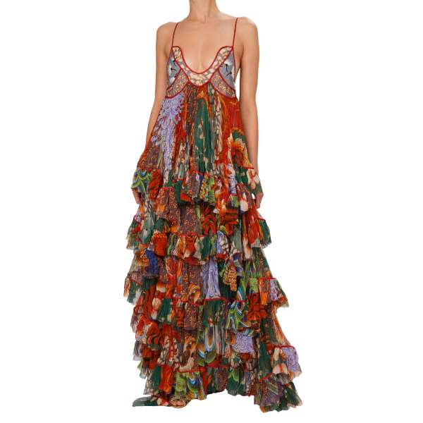 Pearl and sequins embroidered foulard maxi dress in blue, green, red, orange and beige by DSQUARED2