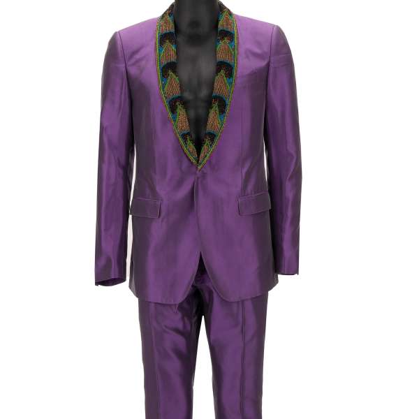 Silk suit with peacock pattern pearl embroidery on the shawl lapel in purple by DOLCE & GABBANA 