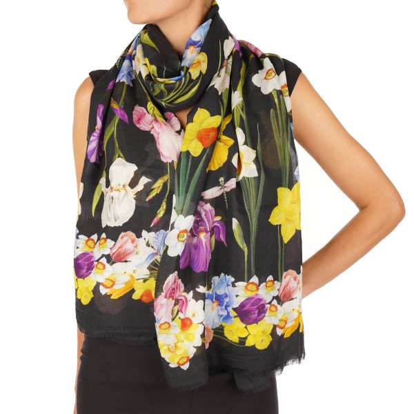  Large daffodil, iris, butterfly and logo printed cashmere blend Scarf / Foulard in black, yellow, blue and purple by DOLCE & GABBANA