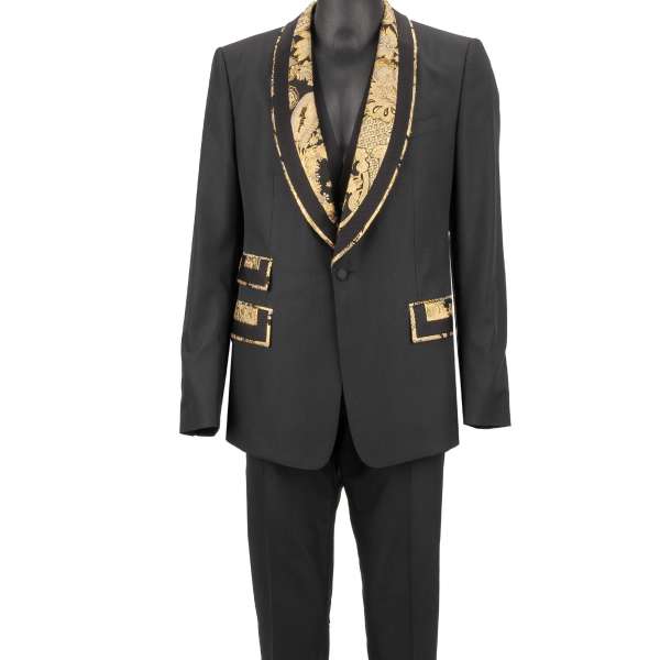3 Teile Anzug mit Blumen Jacquard rundem Revers und Taschen in Schwarz und Gold von DOLCE & GABBANA 