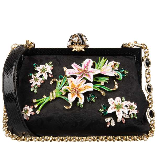 Brocade clutch / evening bag / shoulder bag VANDA with jeweled chain strap, snakeskin strap, snakeskin frame, embellished with lilies and crystals by DOLCE & GABBANA