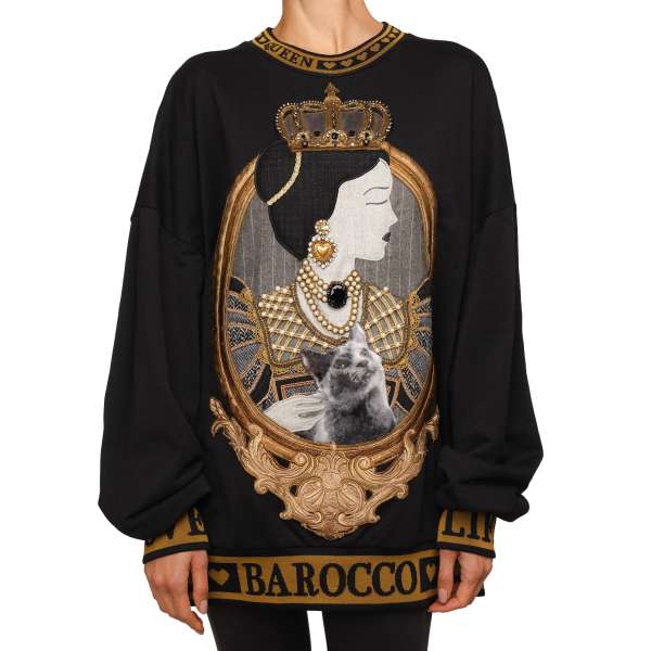 Baroque Oversize long cotton Sweater / Sweatshirt with Crown Queen pearls and faux fur cat embroidery in black and gold by DOLCE & GABBANA
