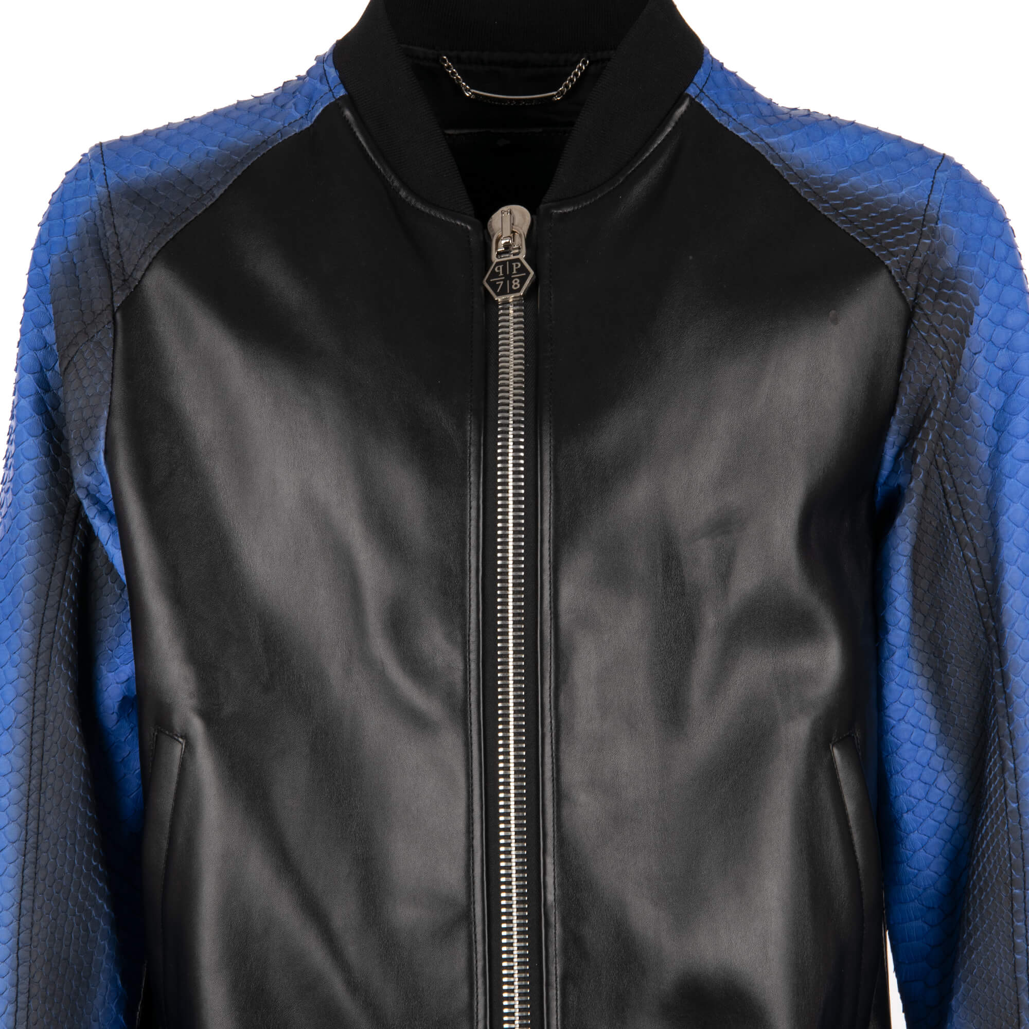 Philipp Plein Snake Textured Leather Bomber Jacket with Logo Black