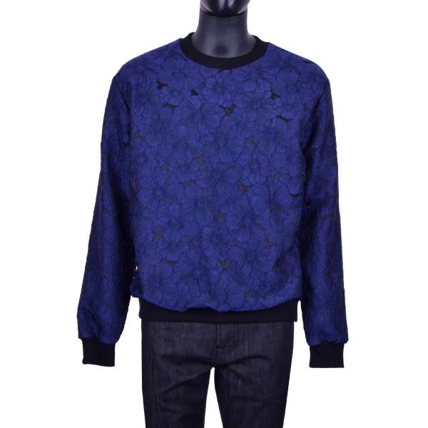 Floral brocade sweater in blue and black by DOLCE & GABBANA Black Line